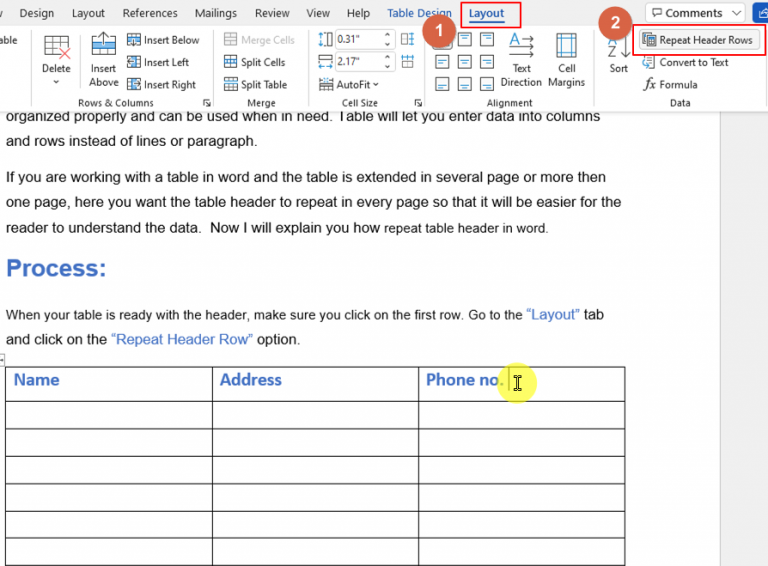 How To Repeat Table Header In Microsoft Word Office Demy